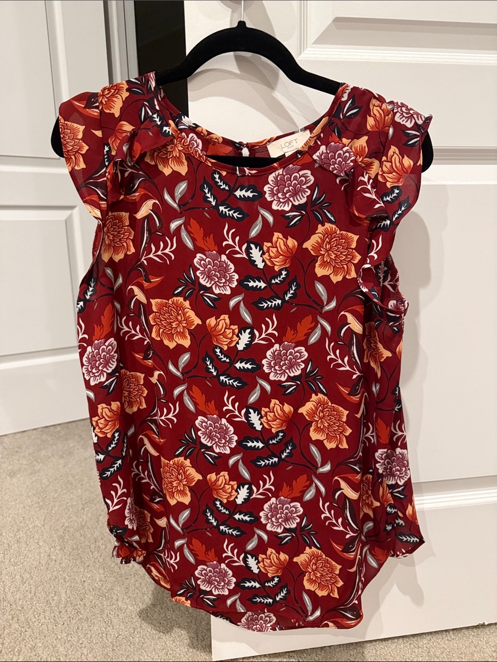 LOFT Burgundy Floral Ruffle Sleeve Blouse